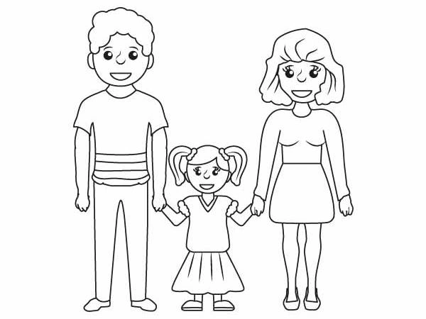 Kolorowanka dziewczynka z rodzicami świętuje dzień dziecka